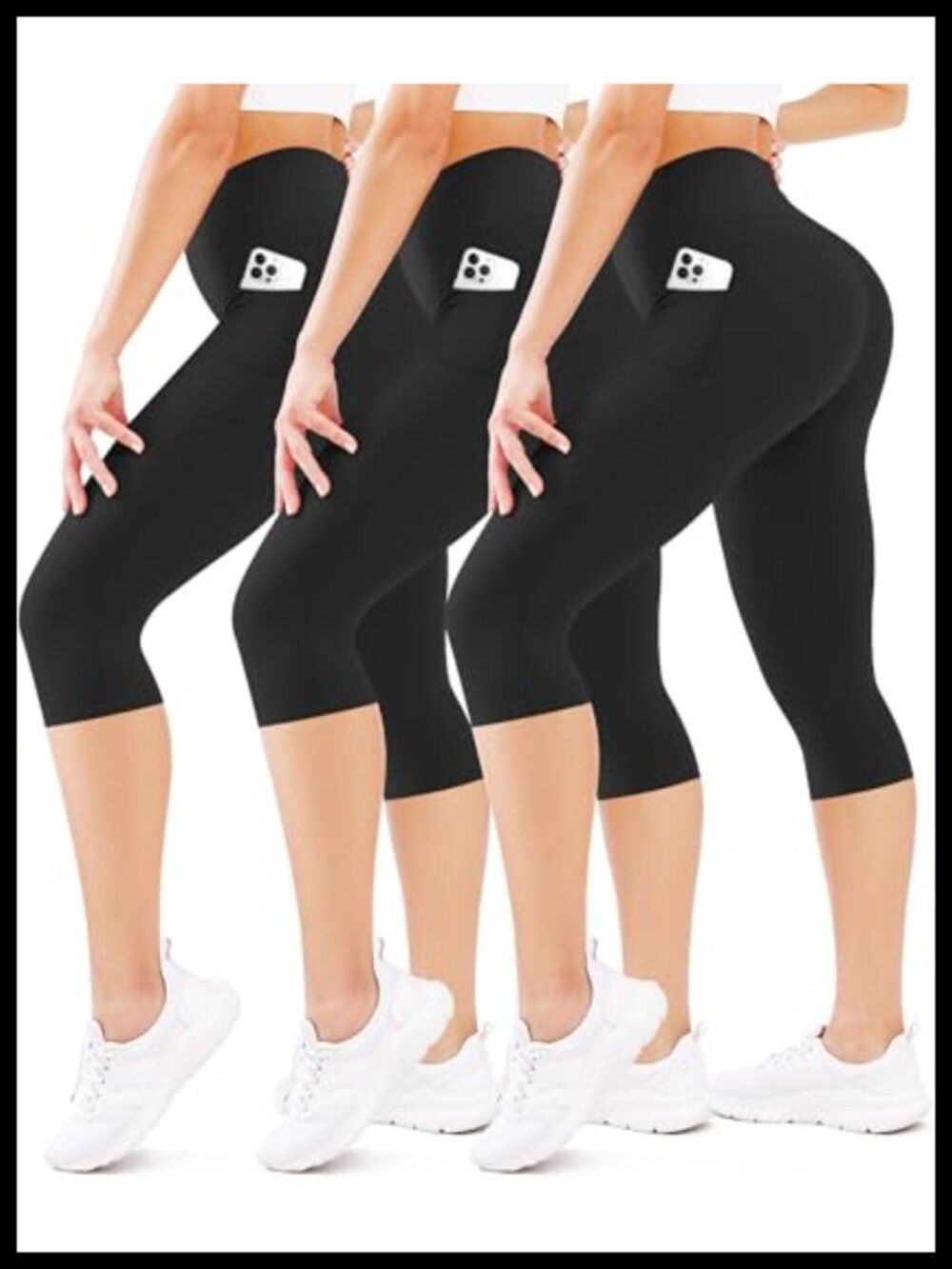 3 Pack High Waist Capri Leggings Tummy Control Yoga Pants 92% Polyester 8%